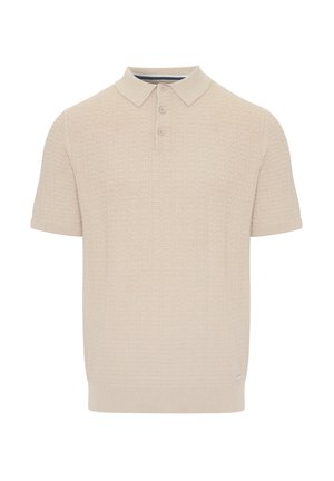 Camisa de polo de manga corta beige con un patrón texturizado, cuello clásico y cierre de tres botones. Dobladillo y puños de las mangas acanalados.