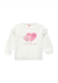 Hvid sweatshirt med to lyserøde hjerte-designs med broderede ansigtstræk, og teksten "mommys lille solskin" nedenunder. Flæser på ærmerne.