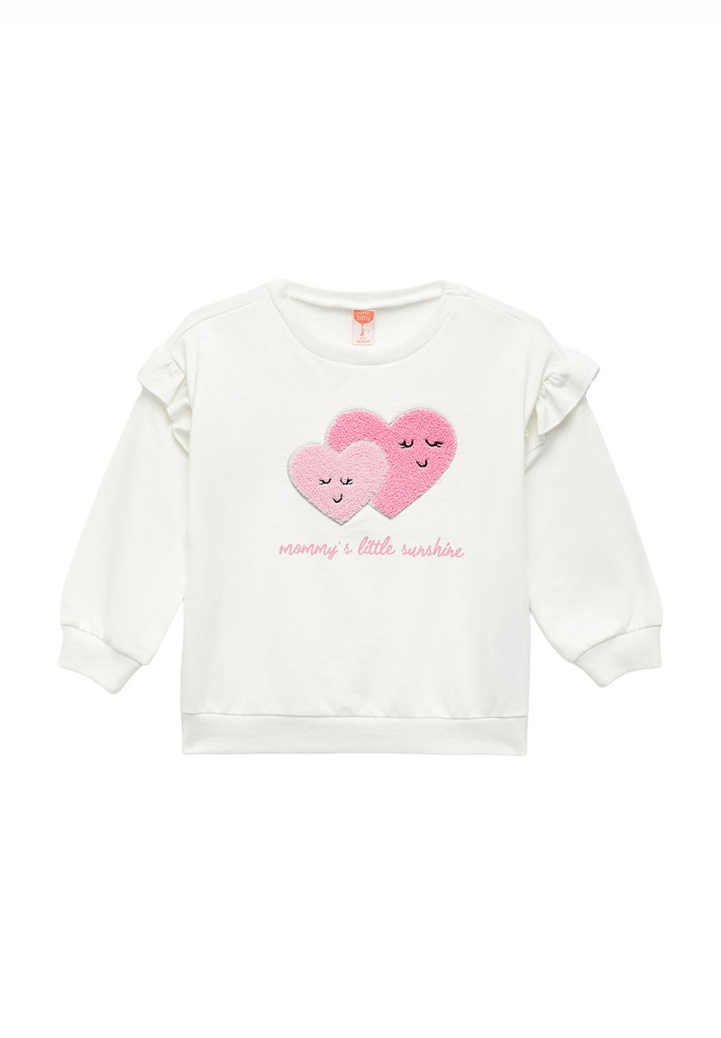 Hvid sweatshirt med to lyserøde hjerte-designs med broderede ansigtstræk, og teksten "mommys lille solskin" nedenunder. Flæser på ærmerne.