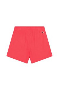 Ružové šortky vyrobené z ľahkého materiálu, s elastickým pásom, jednoduchým dizajnom a malým logom na ľavej strane.