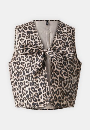 Luipaardprint vest met een striksluiting, gemaakt van glanzende stof met twee voorzakken en een mouwloze ontwerp.