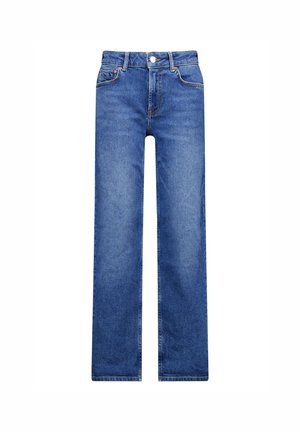 Jeans de mezclilla azul con corte recto, tiro alto y diseño clásico de cinco bolsillos con detalles de hardware metálico.