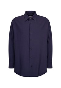 Marineblaues, knöpfbares Hemd aus glattem Stoff, mit klassischem Kragen, langen Ärmeln und abgerundetem Saum. Sechs Knöpfe auf der Vorderseite.