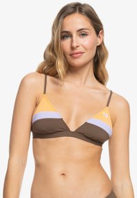 Bruine, paarse en oranje driehoekige bikini top met dunne bandjes en een logoaccent. Zachte stof met een kleur-geblokkeerd ontwerp.