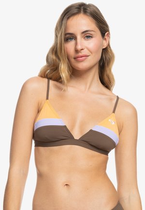 Braun, lila und orange Dreiecks-Bikini-Oberteil mit dünnen Trägern und Logo-Details. Weicher Stoff mit Farbabstufung.