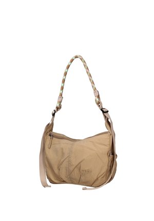 Borsa a tracolla in tessuto morbido beige con tasca frontale con zip, tracolla regolabile e manico intrecciato nei colori beige, bianco e verde.