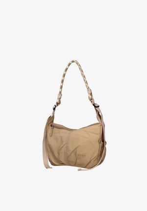 Beige zachte stoffen schoudertas met voorvak met rits, verstelbare riem en gevlochten handvat in beige, wit en groen.