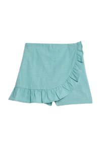 En teal rynkad omslagsskjol med en asymmetrisk design, mjukt tyg och en mild textur. Den har en slät yta utan synliga mönster.