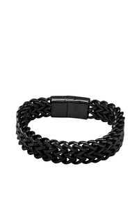 Braccialetto intrecciato nero realizzato in materiale flessibile, con una chiusura metallica e una superficie liscia con una finitura uniforme.