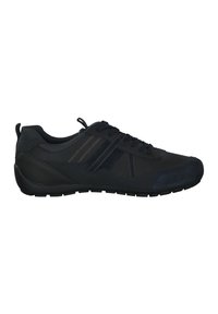 Black athletic shoes with a mix of smooth and textured materials, featuring contrasting stripes, lace-up design, and a sturdy rubber sole.