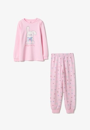 Ensemble de pyjama rose avec un haut à manches longues présentant un motif de lapin et le texte « Prêt pour une nouvelle journée » ; pantalon assorti avec des imprimés d'animaux variés et des nœuds.