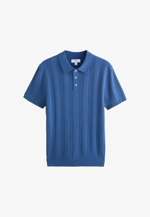 Zils īsām piedurknēm polo krekls ar vertikālām teksturētām svītrām, trim baltām pogām un ribotu apakšmali un aprocēm, izmērs vidējs.