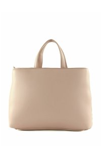 Borsa tote rosa chiaro realizzata in materiale sintetico liscio. Presenta due manici e un design semplice e piatto, senza hardware visibile o motivi.
