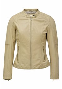 Veste en cuir beige ajustée avec fermeture éclair à l'avant, col à pression, poches latérales zippées et détails matelassés sur les épaules et les manches.