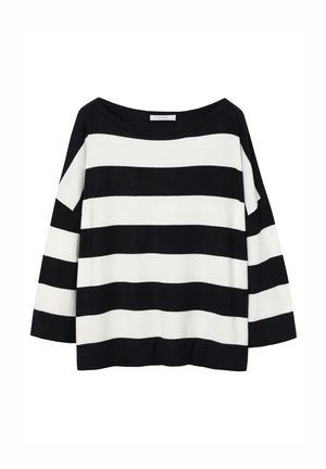 Melns un balts svītrains džemperis ar laivas veida kakla izgriezumu un trīs ceturtdaļu piedurknēm. Mīksta tekstūra, regulāra piegriezuma un horizontālas svītras.