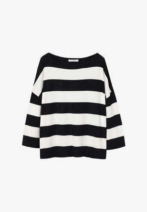 Czarnobiały sweter w paski z dekoltem typu łódka i rękawami do łokcia. Miękka tekstura, standardowy krój i poziome pasy.