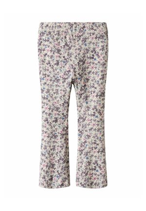 Pantalon enfant avec taille élastique, couvert d’un petit motif floral dans des nuances de violet, rose, bleu et vert sur un fond clair.