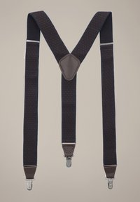 Granatowe szelki w geometryczny wzór z akcentami ze skóry i metalowymi klipsami. Tkanina ma subtelną teksturę.