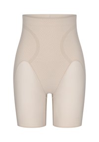 Shorts beige a vita alta modellanti con una texture liscia, caratterizzati da un motivo a spina di pesce e bordi senza cuciture per comfort e discrezione.