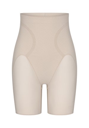 Beżowe szorty modelujące z wysokim stanem o gładkiej fakturze, ozdobione wzorem w jodełkę i bezszwowymi brzegami dla komfortu i dyskretnego noszenia.