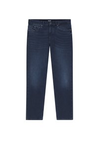 Mörkblå denimjeans med rak bendesign, markerade sömmar, fem fickor och en märkesetikett på midjan.