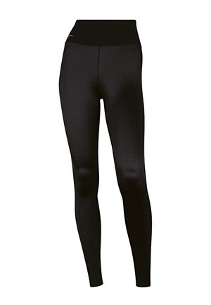 Black leggings made of textured fabric with a high waistband, featuring a snug fit and smooth seams for a streamlined appearance.