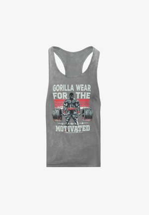 Grijze mouwloze sportsinglet met afbeelding van een gespierde man die een deadlift doet en tekst "Gorilla Wear voor de Gemotiveerden" in wit en rood.