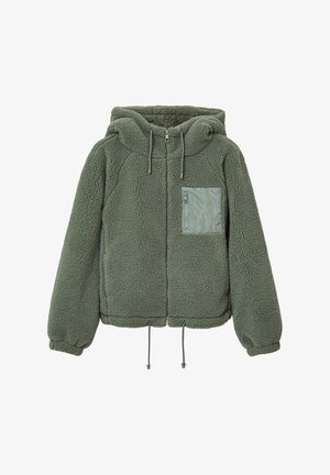 Veste en polaire verte avec capuche, en tissu texturé, fermeture éclair à l'avant et poche à rabat d'une teinte verte plus claire. Équipée de cordons de serrage ajustables à l'ourlet.