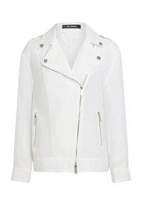 Veste blanche texturée avec fermeture éclair, fines rayures horizontales, ferrures argentées et col cranté. Comprend des poches latérales zippées.