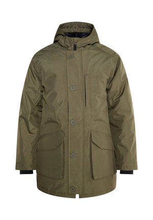 Olíva zöld vízálló dzseki kapucnival, elülső gombokkal, két nagy foltvarrásos zsebbel és rugalmas mandzsettákkal. Tartós, sima textúra.