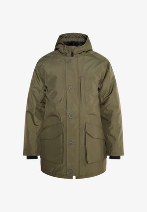 Jachetă impermeabilă de culoare verde măsliniu, cu glugă, nasturi frontali, două buzunare mari cu petice și manșete elastice. Textură durabilă și netedă.