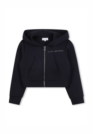 Navy blue cropped hoodie, featuring a front zipper, kangaroo pockets, and embroidered logo on the left chest. Soft cotton material.