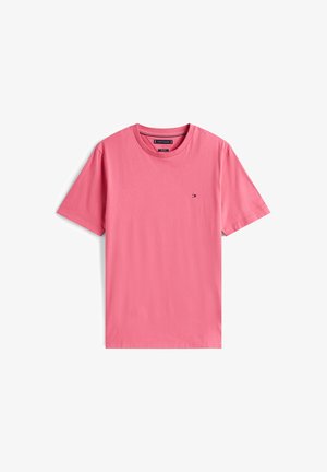 T-shirt rose à manches courtes pour homme avec col rond et petit logo Tommy Hilfiger sur la poitrine gauche.