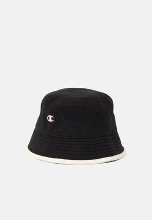 Black fleece bucket hat with a white trim, featuring a small embroidered logo on the front and a textured, soft surface.