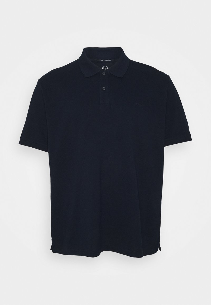 Polo noir à manches courtes avec col et patte de boutonnage à deux boutons, présenté sur un fond blanc uni.