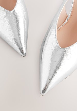 Srebrne, pęknięte lakierowane pompy z noskiem w szpic, o niskim wycięciu i gładkiej fakturze. Charakteryzują się płaską podeszwą i minimalistycznym zdobieniem.