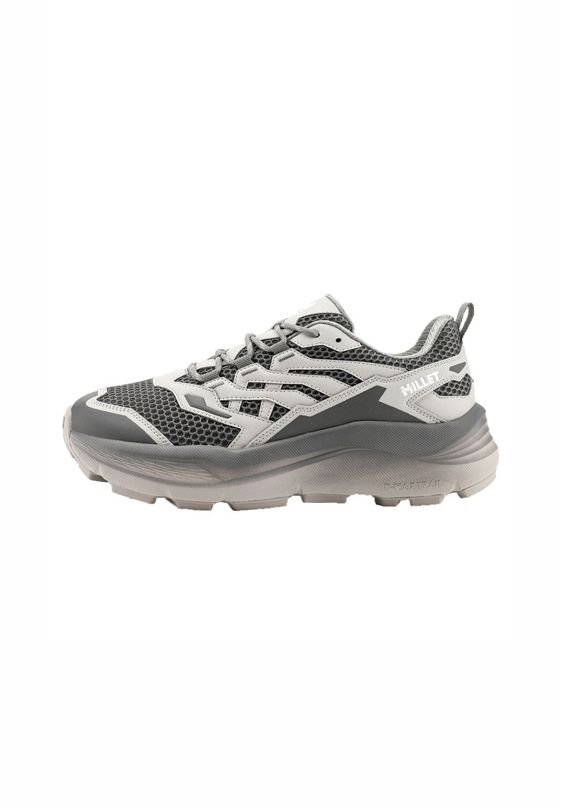 Gray hiking shoe with mesh and synthetic upper, textured rubber sole, prominent cushioning, and reflective accents for visibility.