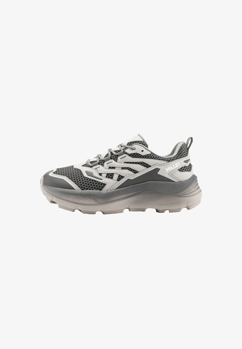Gray hiking shoe with mesh and synthetic upper, textured rubber sole, prominent cushioning, and reflective accents for visibility.