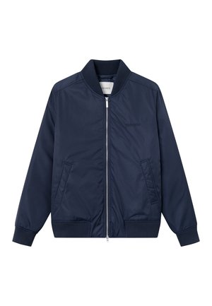 Navy blue bomber jacket with ribbed collar, cuffs, and hem, front zipper, and two angled side pockets.