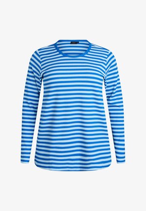 Camisa de manga larga a rayas en azul y azul claro, con cuello redondo, textura acanalada y un dobladillo ligeramente curvado.