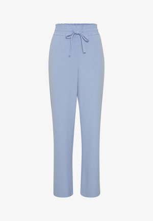 Pantaloni azzurri chiari con vita regolabile, vestibilità comoda e gambe dritte. Tessuto liscio con finitura pulita e senza motivi o accenti visibili.