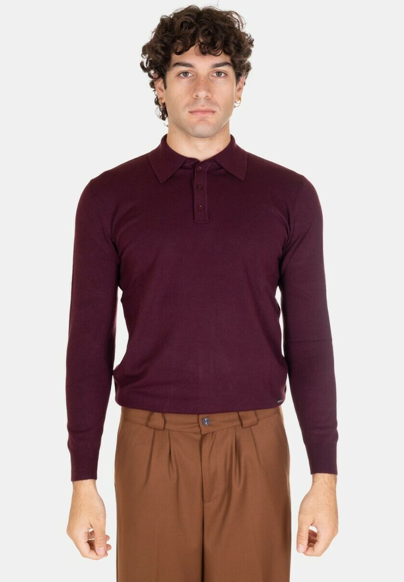 Polo a maniche lunghe bordeaux con colletto e tre bottoni, abbinato a pantaloni marroni plissettati; texture liscia e design aderente.