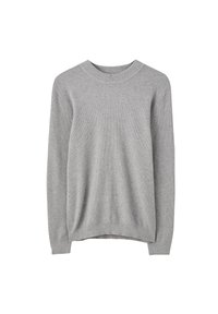 Gray ribbed knit sweater with a round neckline, long sleeves, and a relaxed fit. Soft texture and versatile design.
