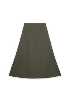 Jupe trapèze vert olive, en mélange de coton. Présente une texture lisse avec des coutures verticales et une silhouette évasée.