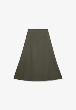 Jupe trapèze vert olive, en mélange de coton. Présente une texture lisse avec des coutures verticales et une silhouette évasée.