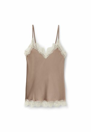 Béžový saténový kamizol s bílou krajkovou ozdobou podél výstřihu a lemu, s tenkými nastavitelnými ramínky.
