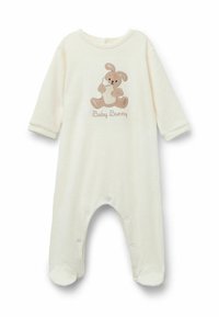 Krémová dětská kombinéza vyrobená z měkké tkaniny, s dlouhými rukávy, nohavicemi s póly a výšivkou zajíčka se textem "Baby Bunny".