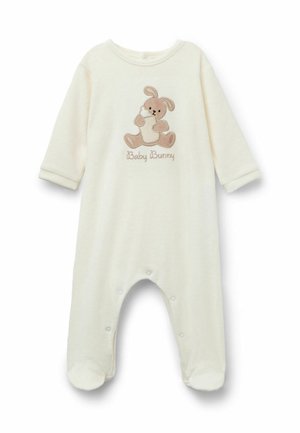 Cremfarbener Baby-Body aus weichem Stoff, mit langen Ärmeln, Füßchen und einer Hasen-Stickerei mit dem Text "Baby Bunny".