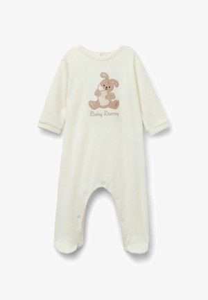 Kremowy pajacyk dla niemowląt, wykonany z miękkiego materiału, z długimi rękawami, nogawkami i haftem królika z napisem "Baby Bunny".