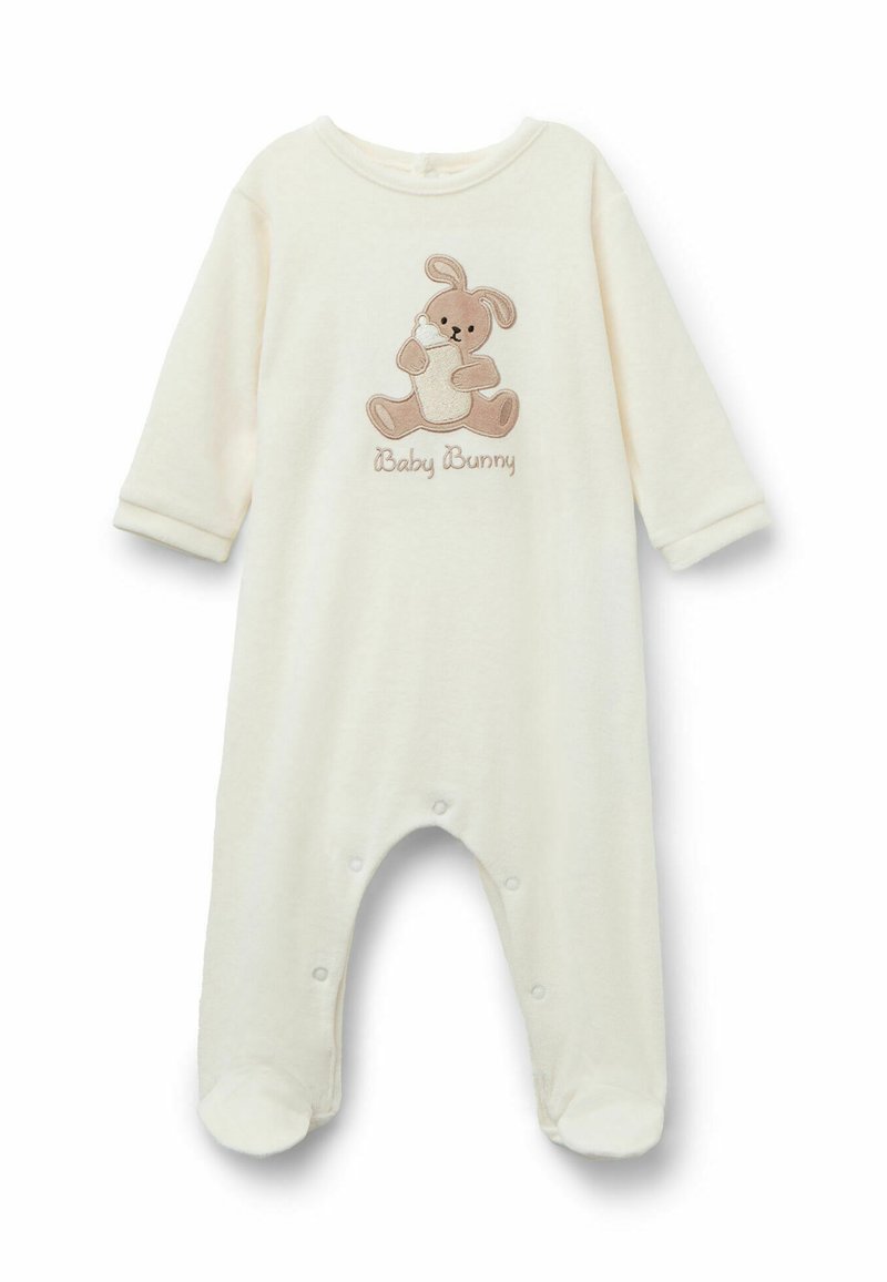 Krémová dětská kombinéza vyrobená z měkké tkaniny, s dlouhými rukávy, nohavicemi s póly a výšivkou zajíčka se textem "Baby Bunny".